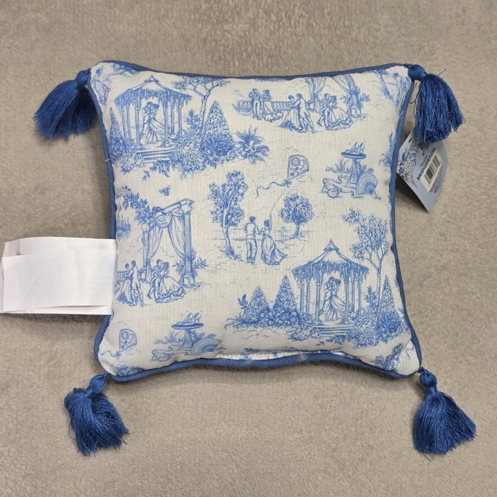 Bridgerton Toile Throw Pillow Blue White Garden Tassel Cushion 10" x 10" Dating - Picture 9 of 16
